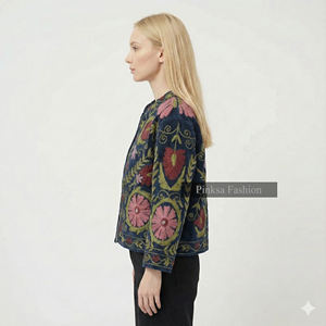 Abrigo Corto Étnico de Lujo para Mujer, Bordado a Mano Estilo Bohemio Suzani, Otoño Invierno, Ecológico, Transpirable, con Patrón Floral Vintage - Product Image 2