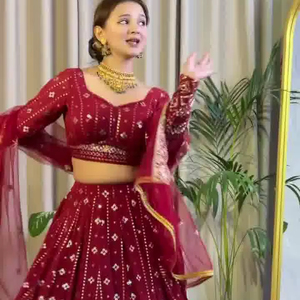 DISEÑADOR PAKISTANI INDIO TRADICIONAL LEHENGA CHOLI CONJUNTO EN GEORGETTE DE IMITACIÓN CON BORDADO PESADO SECUENCIA TRABAJO ROPA DE BODA - Product Image 1