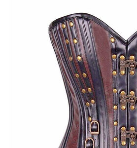 Steelboned Steampunk Overbust Brown Leather Breathable Firm Control High Compression Waist Slimming Plus Size Waist Cinchers - Product Image 2
