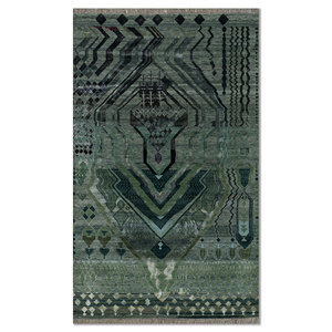 Tapis en laine et soie de bambou noué à la main Freedom Manchaha Green, motif géométrique pour usage domestique - Les-8348 - Product Image 1