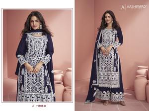 Salwar Kameez Palazzo Suit avec Heavy Faux Georgette Coton Broderie Séquence Travail Costume de Mariage pour Femmes - Product Image 4