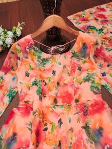 Indian Ethnic Georgette Gown Multi-Shade Lace <b>Fox</b> Printed Tunic Short Kurti Casual Office Wedding Ready-Wear Top Washable - Product Image 3