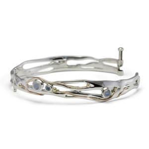 925 Sterling Silver Moonstone Bangle with <b>Gold</b> Details, Moonstone <b>Bracelet</b>, Organic Statement Bangle, Silver Bangle for Women - Product Image 4