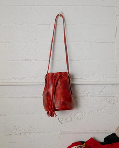 Bolso Tipo Cubo de Cuero Genuino Rojo con Cordón y Borla, Estilo Vintage, Bolso de Mano para Mujer para Uso Diario - Product Image 4