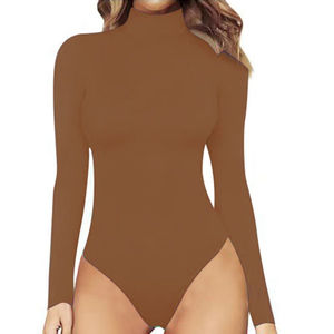 Body ajustado de cintura alta y largo para mujer al por mayor, mono ajustado de color sólido transpirable con cuello redondo - Product Image 3