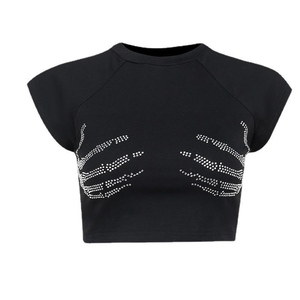 Women's Sexy Hot Diamond Short Sleeved <b>Top</b> Slim Fit Active Wear Cotton T-shirt <b>Rhinestone</b> Decoration Sizes XXS XS XL Available - Product Image 1