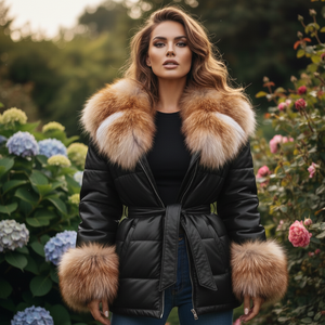 Veste en cuir matelassée pour femme avec col en fourrure de renard, Damen Lederjacken, veste en cuir d'hiver - Product Image 1