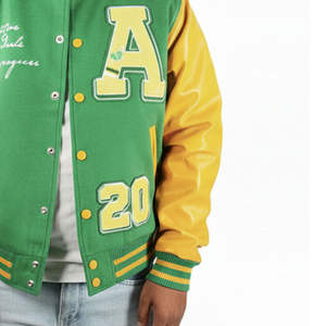 Veste universitaire verte et jaune pour homme, streetwear, veste de baseball vintage, blouson bomber, corps en laine, cuir véritable - Product Image 3