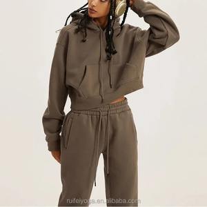 OEM personalizado Fitness trajes para las mujeres de alta calidad liso Sudadera con capucha Jogger blanco deportes Jogging traje de algodón de las mujeres de 2 piezas Sweatsuit - Product Image 2