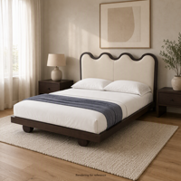 Tête de lit festonnée rembourrée avec cadre aspect bois foncé, couture verticale centrale et poteaux d'angle cylindriques