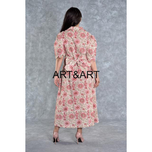 Vestido Casual para Mujer, Estampado a Mano, Manga con Volantes, Maxi, Cuello en V Estándar, Cintura Elástica con Cordón Ajustable - Product Image 2