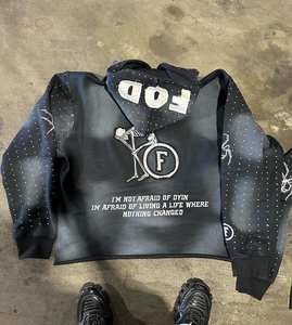 2025 nueva moda 500 Gsm algodón lavado ácido apenado bordado parche pulóver Sudadera con capucha recortada dobladillo crudo personalizado Rhinestone Sudadera con capucha - Product Image 3