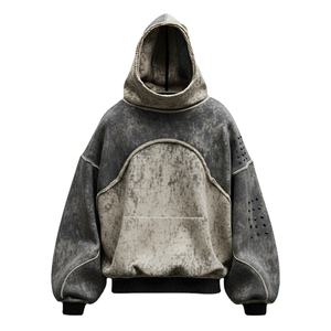 Winter Unisex Vintage Style Two-Tone <b>Oversized</b> Windproof <b>Fleece</b> Custom Heavyweight Double-Layered 100% Cotton Lined <b>Hoodie</b> Men - Product Image 2