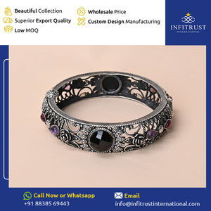 Suministro directo de fábrica, lo mejor en venta, motivos florales oxidados, plateado, piedra multicolor, brazaletes étnicos para niñas a la venta - Product Image 2