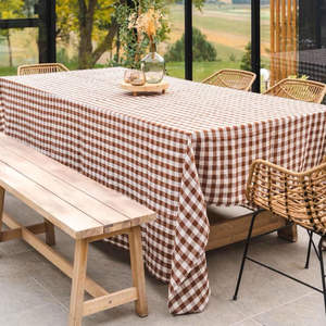 Mocha Gingham Linen Tablecloth | Handmade Linen Cloth for Dining, Wedding & Party | Soft Linen <b>Table</b> <b>Cover</b> | Wedding Gift - Product Image 1