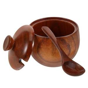 Salero Redondo de Madera de Azufaifo, Azucarero con Tapa y Cuchara, Tarro de Condimento Natural, Contenedor de Almacenamiento de Especias para Mesa de Cocina, Artesanía Hecha a Mano - Product Image 3