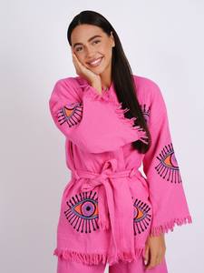 2024 vente chaude été femmes à la main broderie mauvais œil enveloppement coton maison porter ensemble Kimono Robe - Product Image 2