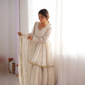 Precio al por mayor, conjunto de 3 piezas estilo sharara salwar kameez, talla M XXL, base de algodón, con trabajo sheesha, para proveedores textiles y tiendas. - Product Image 6