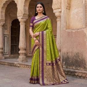 Indian Traditional Wear Banarasi Silk saree with Heavy Zari Weaving Work and <b>Gold</b> Zari Butta with Contrast Matching silk <b>Blouse</b> - Product Image 6
