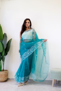 Nouveau 2024 dernière tenue de créateur haute sur demande pur doux Organza soie Saree avec fil à broder travail femme mode exportateur - Product Image 5