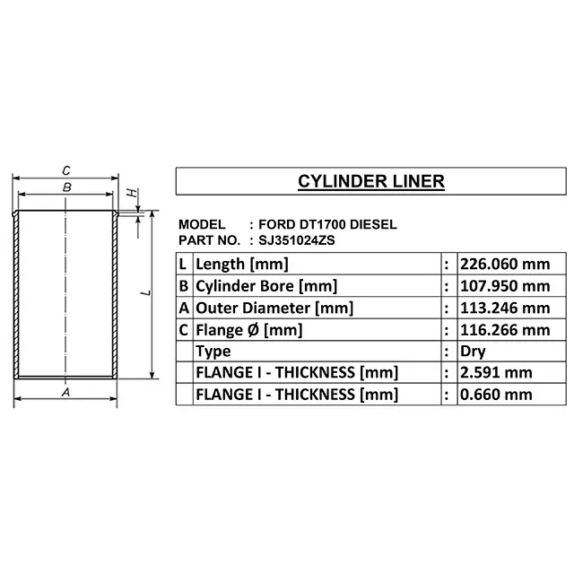 Canna cilindro a secco per ford dt1700 diesel oe sj351024zs id 107.95 od 113.246 lunghezza 226.06 make in india