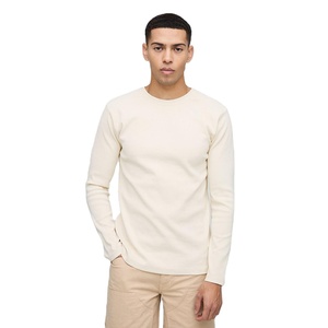 Camiseta beige de manga larga con cuello redondo para hombre, jersey liso en blanco de punto acanalado de algodón, camiseta informal ajustada básica, sudaderas con capucha OEM al por mayor - Product Image 1