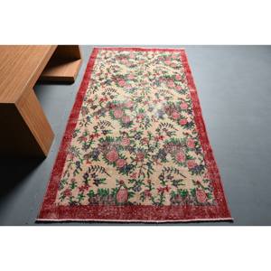 Vintage Large Area <b>Turkish</b> <b>Rug</b> 3.7 X 6.6 ft Beige Red Kilim Style Patchwork Wool Material 10mm Latex Eco Friendly Dining Room - Product Image 1