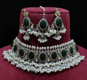 Conjunto de collar Polki de diseñador de moda chapado en oro blanco, joyería nupcial, celebración de fiesta de boda, Material de latón hecho a mano - Product Image 1