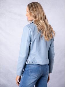 Blouson aviateur en cuir véritable bleu clair pour femme, fermeture éclair asymétrique, doublure en coton respirant, vêtement d'extérieur tendance pour l'hiver - Product Image 6