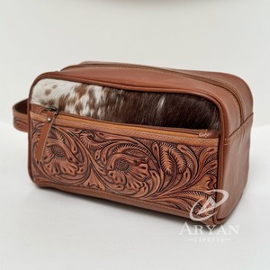 New Western Tooled Cowhide Leather Stylish <b>Makeup</b> Cosmetic <b>Storage</b> Box Hot Selling Jewelry Pouch ,Vanity Bathroom Organizer Box - Product Image 1