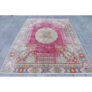 Turkish Rug 7.6x10.3 ft, <b>Red</b> Blue Floral <b>Wool</b> Vintage Rug - Product Image 1