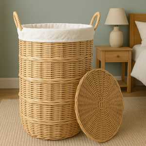 Stylish & Practical Handwoven Round Wicker Rattan Storage <b>Baskets</b> <b>with</b> <b>Handles</b> for Shoes Laundry Home Organization - Product Image 3