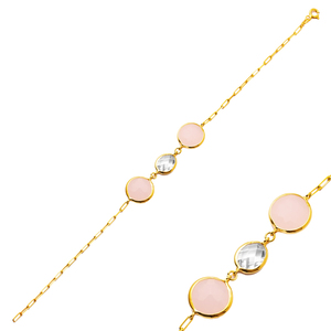 Round Pink Quartz CZ 22K Gold Bezel Silver <b>Chain</b> Bracelet 925 Sterling Silver Handmade Women's Jewelry Gift Party - Product Image 1