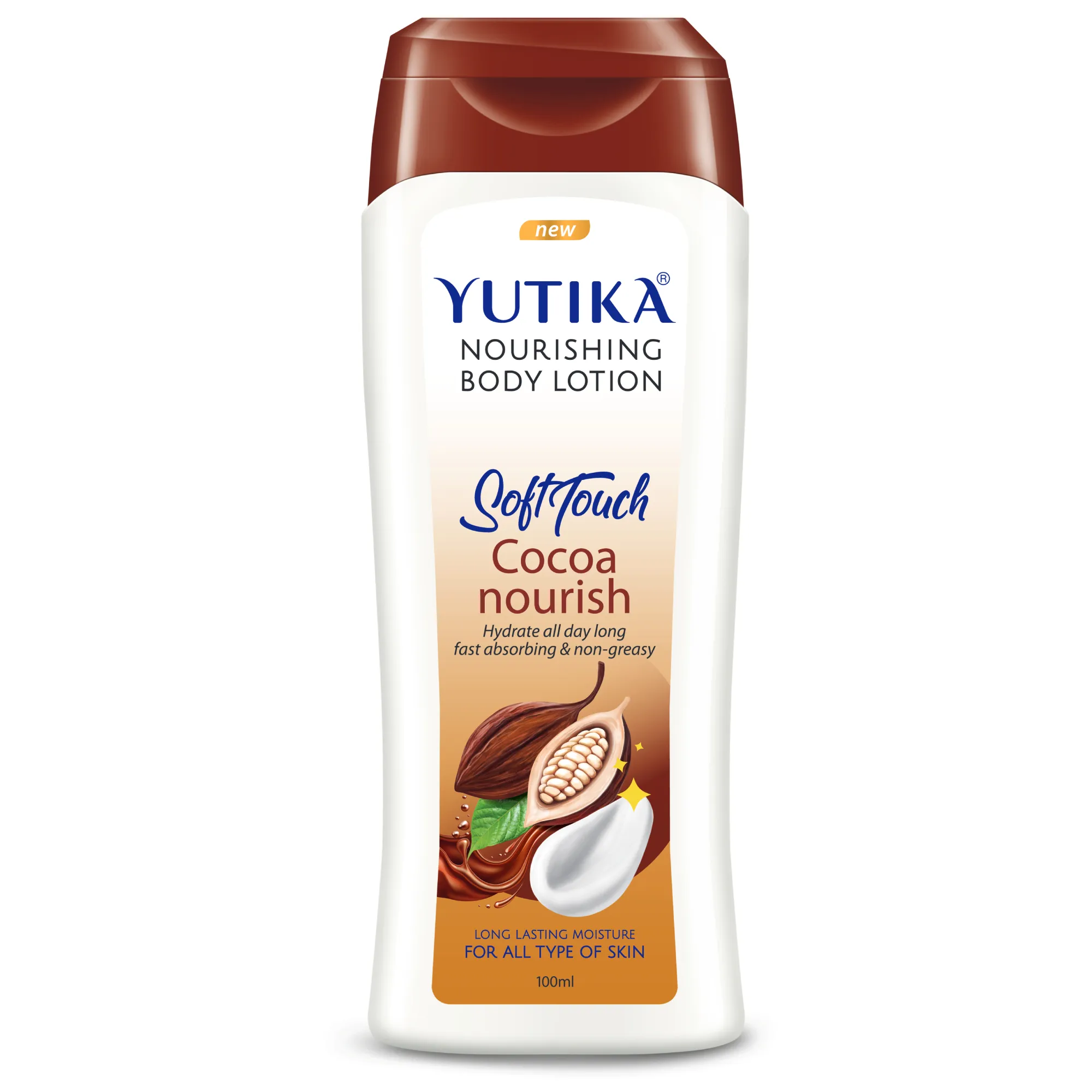 Low MOQ Yutika 100 ml Loção corporal nutritiva de amêndoa/Aloe Vera/Cacau, Loção corporal para todos os tipos de pele, amostra grátis