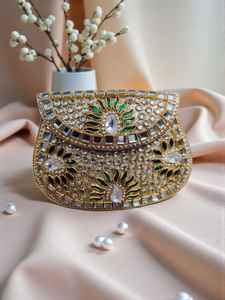 Mini Kundan Design <b>Clutch</b> bag wedding nikkah tiny purse handmade India 5 inches both side handwork bag wholesale manufacturer - Product Image 3