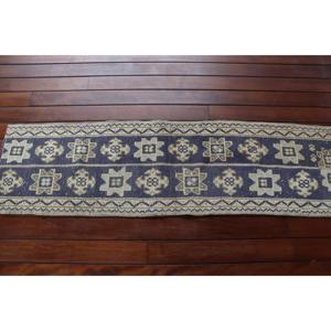 Alfombra Vintage de 1.4x5.3 pies, Alfombra Turca, Alfombra Azul con Diseño de Patchwork - Product Image 3