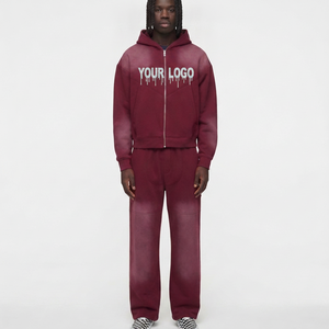Men's Maroon Hooded Tracksuit Set Full <b>Zip</b> Dripping Logo Print Regular Fit Streetwear <b>Sweatshirt</b> Wide Leg Pants Winter Solid - Product Image 1