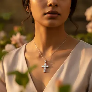 Pendentif croix en or blanc et or rose plaqué rhodium, zircon et diamant, pour femme, tendance et vintage, à porter au quotidien - Product Image 2