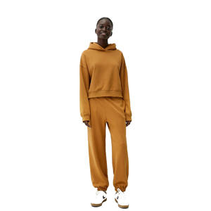 Ensemble survêtement deux pièces décontracté pour femme, sweat à capuche court et pantalon de jogging uni, avec épaules tombantes, style décontracté - Product Image 1