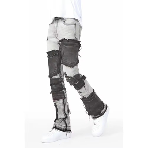 Pantalones vaqueros blancos y negros desgastados personalizados de alta calidad para hombre, pantalones de pierna ancha rasgados elásticos transpirables, ajuste Regular lavado - Product Image 5