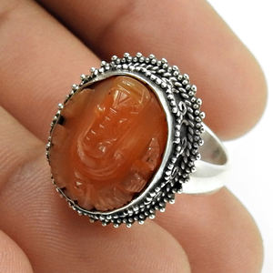 Bague vintage en argent sterling 925 avec pierre précieuse naturelle en forme de Dieu Ganesha, sculpture en pierre de cornaline, bijoux religieux pour homme et femme, cadeau - Product Image 5