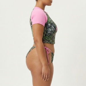 Women Plus Size Eco-Friendly Stretch Camo Letter Print Bikini Set Crop <b>Top</b> Tie Side Thongs Pink Accents Spandex Front/Waist - Product Image 2