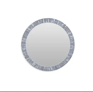 Miroir mural rond en os avec cadre rayé bleu, design Art Déco, épaisseur 10 mm, décoratif pour salon, chambre, salle de bain, mariage - Product Image 3