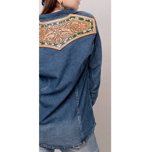 Vente chaude bleu marine flanelle Denim chemise tailles personnalisées conceptions avec Vintage Floral repoussé en cuir dos Patch ODM approvisionnement - Product Image 3