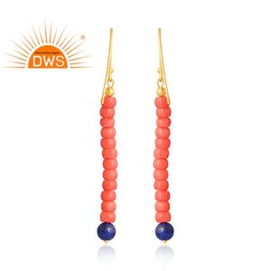 Venta caliente 925 plata esterlina 18K Coral chapado en oro rosa y lapislázuli pendiente de piedras preciosas Demi joyería fina para mujer regalo para ella - Product Image 2