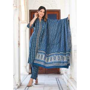 Conjunto de Anarkali Kurta con estampado floral elegante para mujer con pantalón y ropa de color azul Dupatta - Product Image 6