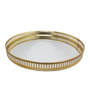 Bandeja decorativa Bandeja de espejo redondo de vidrio y hierro Bandeja de decoración de tamaño mediano de color dorado de latón Acentos decorativos - Product Image 2