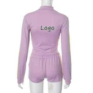 Traje de fitness ajustado de otoño para mujer, Top corto con cuello levantado y cremallera, pantalones cortos elásticos, chándal, ropa de calle para mujer, conjunto de dos piezas - Product Image 3