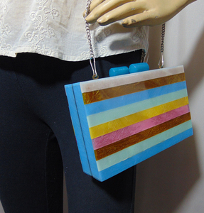 Women's Fashion Shoulder Bag Clutch Purse with Horizontal Stripe Wood Resin <b>Box</b> <b>Canvas</b> Lining Elegant Evening Handbag - Product Image 5