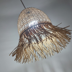 Handwoven Boho Rattan Pendant <b>Light</b> Shade with Water Hyacinth Fringe & Straw Tassel - Product Image 2